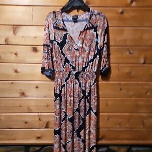 EN FOCUS Woman's 3/4 Sleeve  Paisley-Patterned Black and Orange Dress